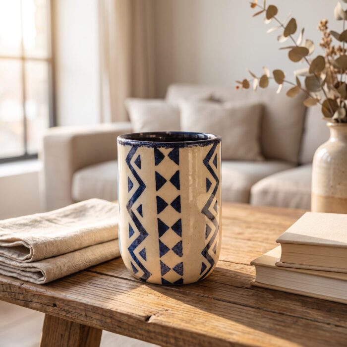 Indigo Geometric Tribal Pattern Ceramic Mug, 11 × 8 cm, Indigo/Ivory - Image 2