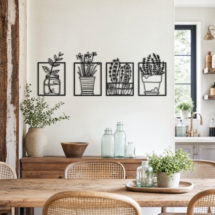 Boho Potted Plants Framed Metal Wall Art styled at home