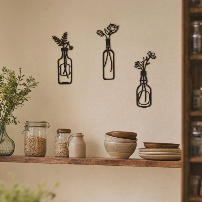 Bottle Vases with Flowers Metal Wall Art styled at home