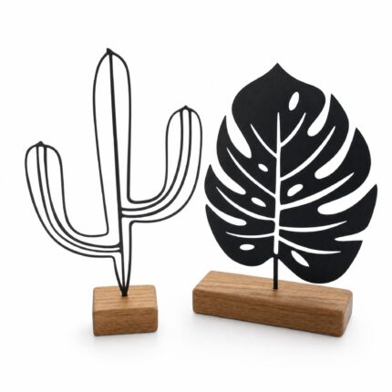 Cactus & Monstera Metal Table Sculptures on Wooden Base on a white background