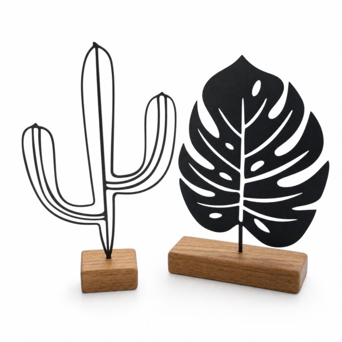 Cactus & Monstera Metal Table Sculptures on Wooden Base on a white background