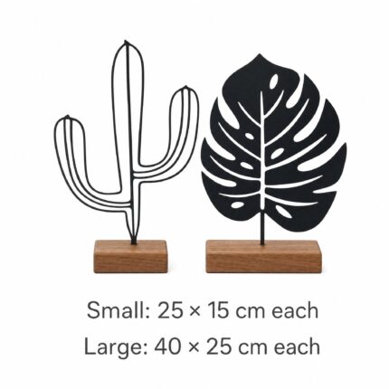 Cactus & Monstera Metal Table Sculptures on Wooden Base dimensions
