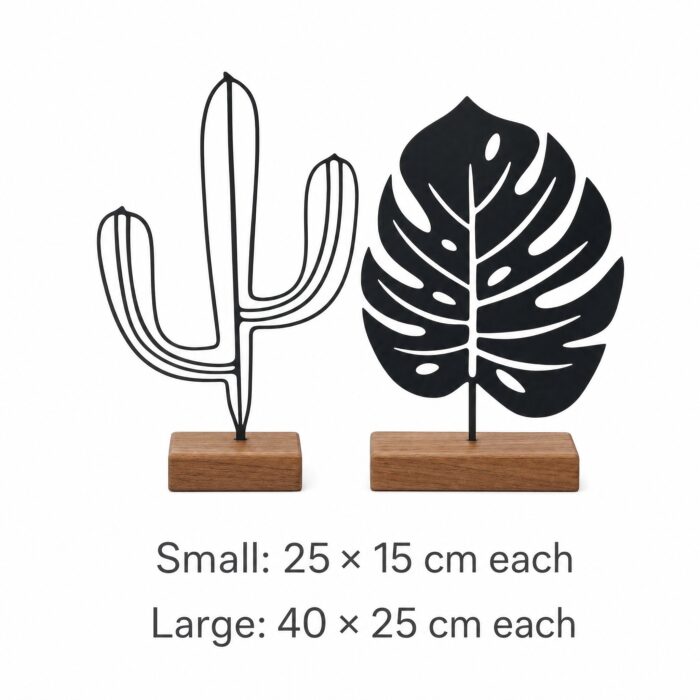 Cactus & Monstera Metal Table Sculptures on Wooden Base dimensions