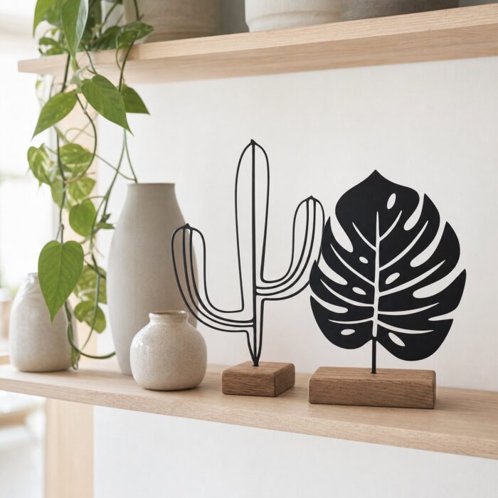 Cactus & Monstera Metal Table Sculptures on Wooden Base in a living space