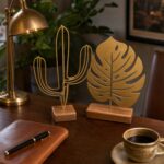 Cactus & Monstera Metal Table Sculptures on Wooden Base styled at home