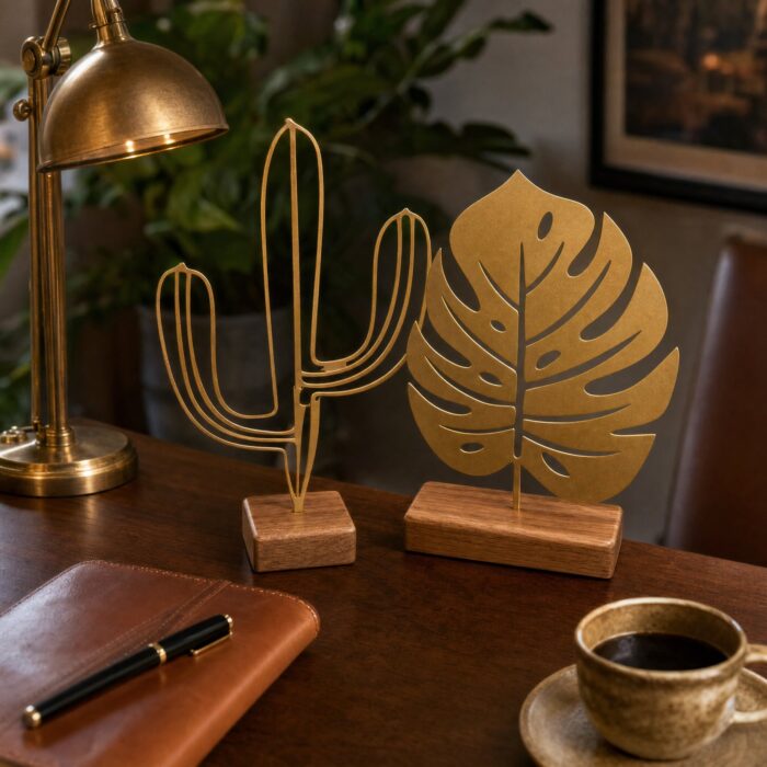 Cactus & Monstera Metal Table Sculptures on Wooden Base styled at home
