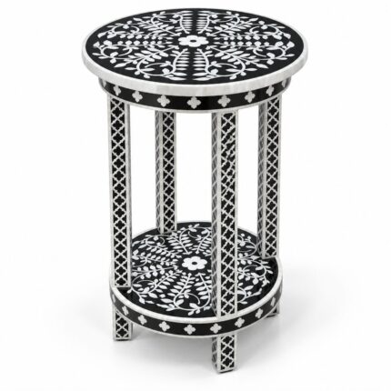 Botanica Black & White Round Inlay Side Table – 35 cm, 35 cm diameter × 60 cm height – white background hero