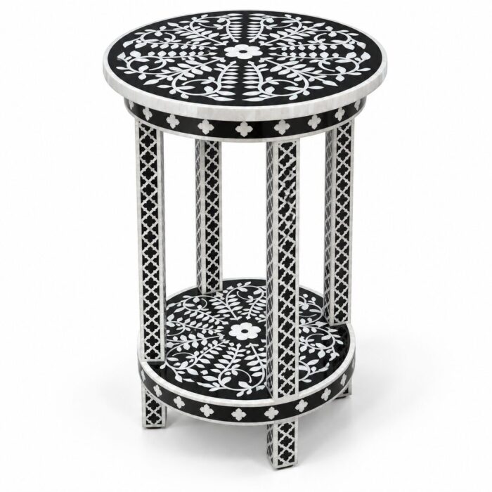 Botanica Black & White Round Inlay Side Table – 35 cm, 35 cm diameter × 60 cm height – white background hero