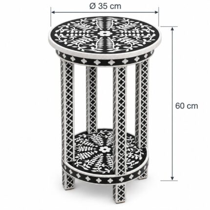 Botanica Black & White Round Inlay Side Table – 35 cm, 35 cm diameter × 60 cm height – dimensions