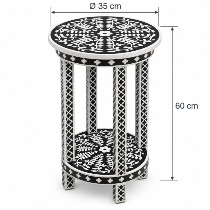 Botanica Black & White Round Inlay Side Table – 35 cm, 35 cm diameter × 60 cm height – dimensions