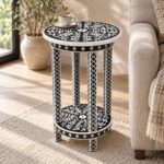 Botanica Black & White Round Inlay Side Table – 35 cm, 35 cm diameter × 60 cm height – lifestyle living room