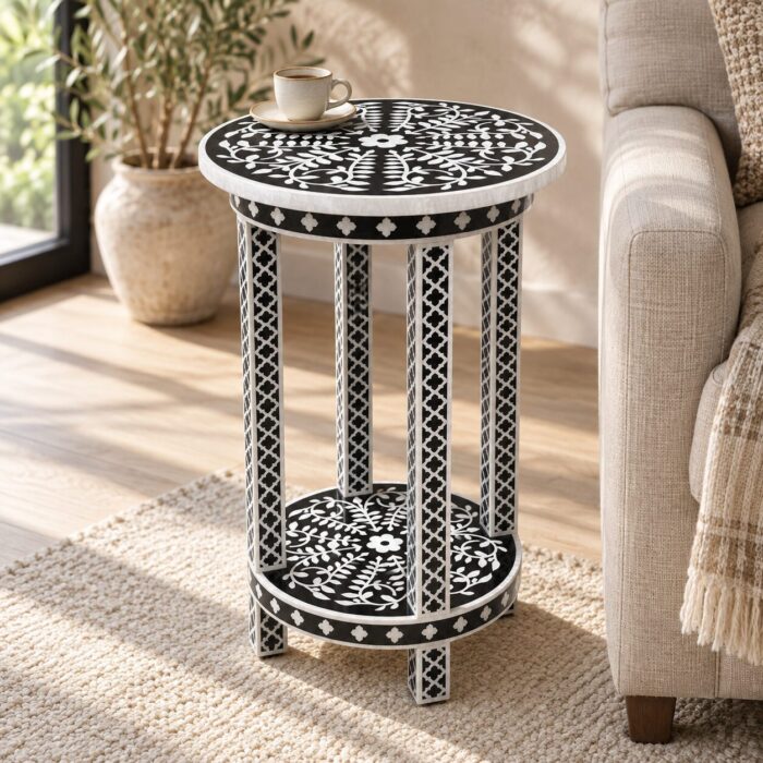 Botanica Black & White Round Inlay Side Table – 35 cm, 35 cm diameter × 60 cm height – lifestyle living room