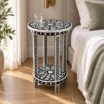 Botanica Black & White Round Inlay Side Table – 35 cm, 35 cm diameter × 60 cm height – lifestyle bedside