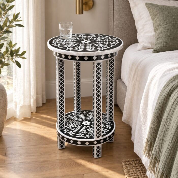 Botanica Black & White Round Inlay Side Table – 35 cm, 35 cm diameter × 60 cm height – lifestyle bedside