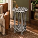 Botanica Black & White Round Inlay Side Table – 35 cm, 35 cm diameter × 60 cm height – lifestyle reading corner