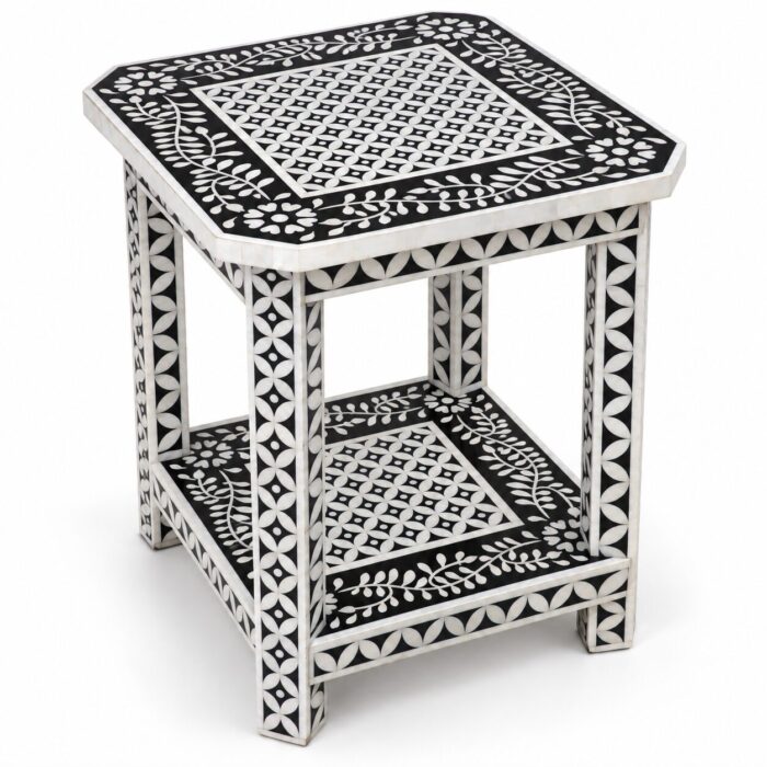 Botanica Black & White Square Inlay Side Table – 45 cm, 45 × 45 cm top × 60 cm height – white background hero