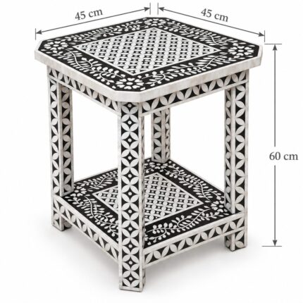 Botanica Black & White Square Inlay Side Table – 45 cm, 45 × 45 cm top × 60 cm height – dimensions