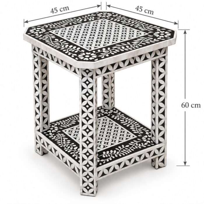 Botanica Black & White Square Inlay Side Table – 45 cm, 45 × 45 cm top × 60 cm height – dimensions