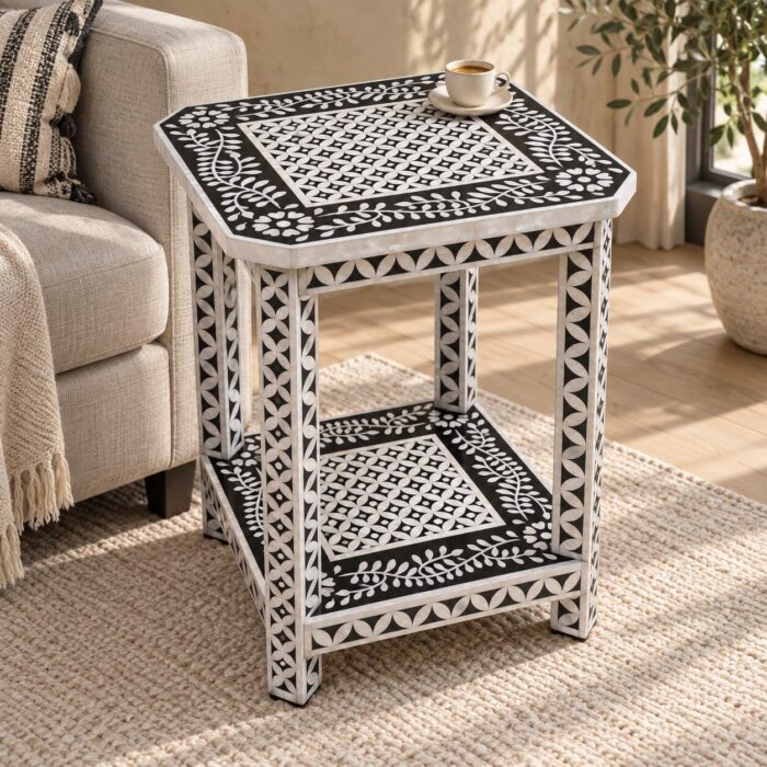 Botanica Black & White Square Inlay Side Table – 45 cm, 45 × 45 cm top × 60 cm height – lifestyle living room