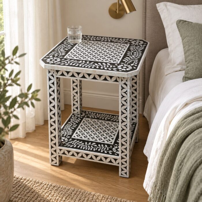 Botanica Black & White Square Inlay Side Table – 45 cm, 45 × 45 cm top × 60 cm height – lifestyle bedside