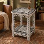 Botanica Black & White Square Inlay Side Table – 45 cm, 45 × 45 cm top × 60 cm height – lifestyle reading corner