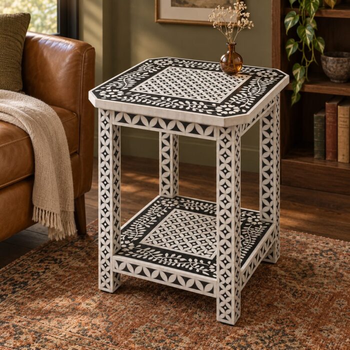 Botanica Black & White Square Inlay Side Table – 45 cm, 45 × 45 cm top × 60 cm height – lifestyle reading corner