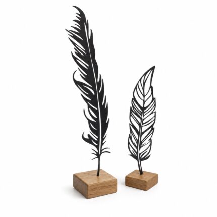 Feather Metal Table Sculptures on Wooden Base on a white background