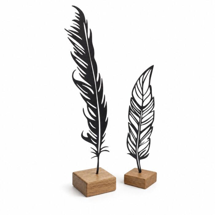 Feather Metal Table Sculptures on Wooden Base on a white background