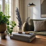 Feather Metal Table Sculptures on Wooden Base in a living space