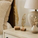 Feather Metal Table Sculptures on Wooden Base styled at home