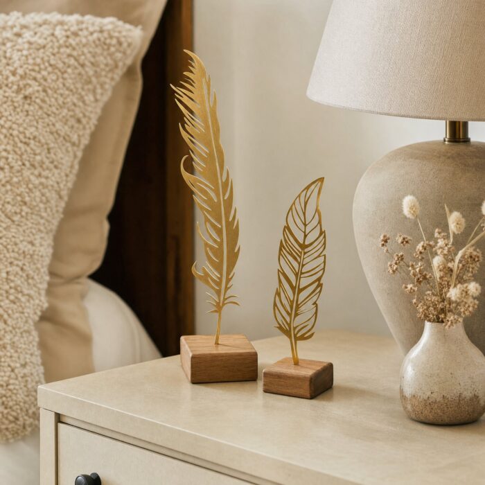 Feather Metal Table Sculptures on Wooden Base styled at home
