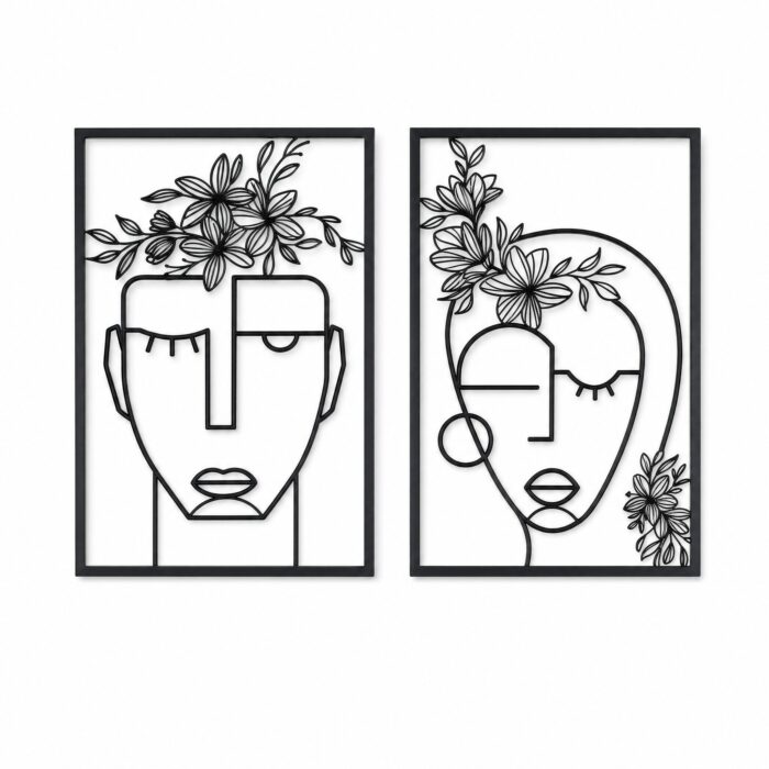 Floral Faces Line Art Metal Wall Art on a white background