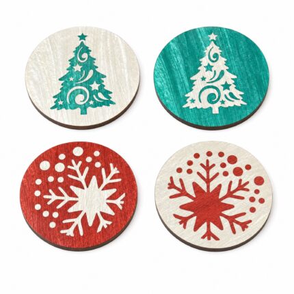 Green Christmas Tree & Red Snowflake Inlay Coaster Set of 4 on a white background