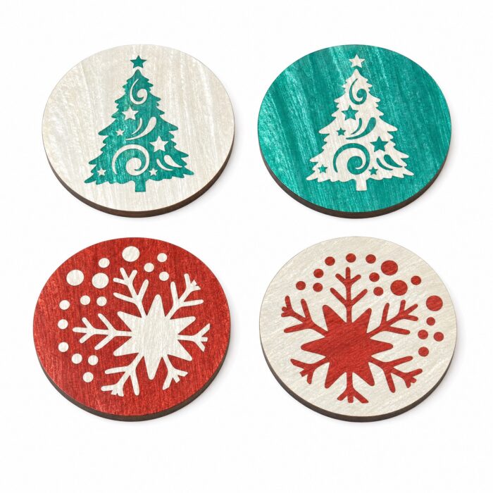 Green Christmas Tree & Red Snowflake Inlay Coaster Set of 4 on a white background