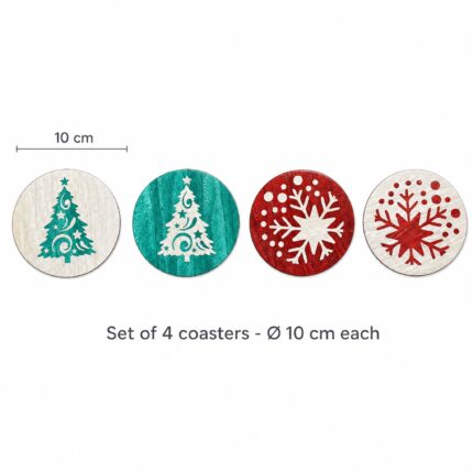 Green Christmas Tree & Red Snowflake Inlay Coaster Set of 4 dimensions, Ø10 cm each