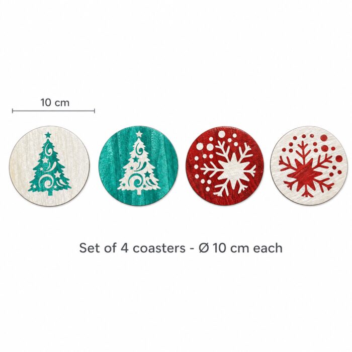 Green Christmas Tree & Red Snowflake Inlay Coaster Set of 4 dimensions, Ø10 cm each