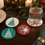 Green Christmas Tree & Red Snowflake Inlay Coaster Set of 4 in use at Christmas