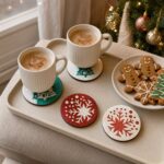 Green Christmas Tree & Red Snowflake Inlay Coaster Set of 4 styled on a festive table