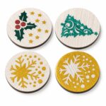 Holly, Christmas Tree & Gold Snowflake Inlay Coaster Set of 4 on a white background