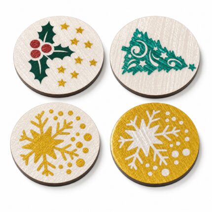 Holly, Christmas Tree & Gold Snowflake Inlay Coaster Set of 4 on a white background