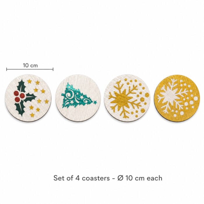 Holly, Christmas Tree & Gold Snowflake Inlay Coaster Set of 4 dimensions, Ø10 cm each