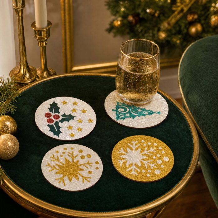 Holly, Christmas Tree & Gold Snowflake Inlay Coaster Set of 4 in use at Christmas