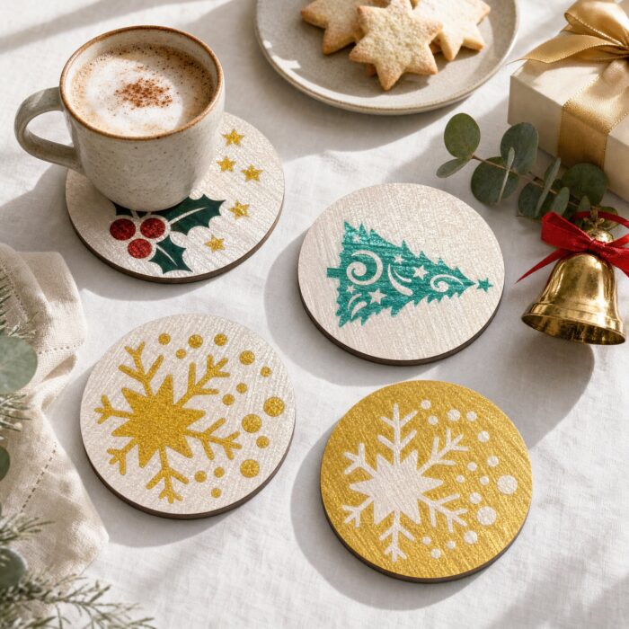 Holly, Christmas Tree & Gold Snowflake Inlay Coaster Set of 4 styled on a festive table