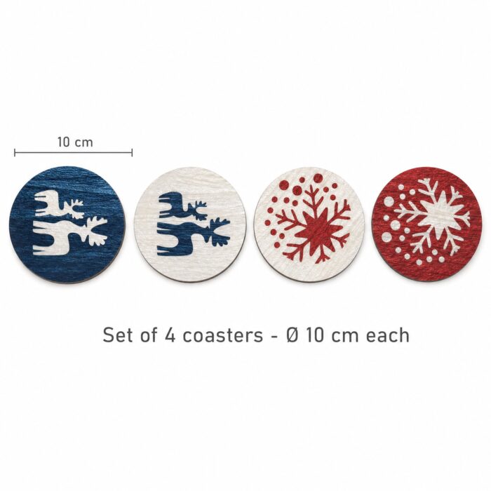 Navy Reindeer & Red Snowflake Inlay Coaster Set of 4 dimensions, Ø10 cm each