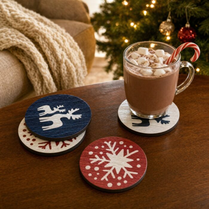 Navy Reindeer & Red Snowflake Inlay Coaster Set of 4 in use at Christmas