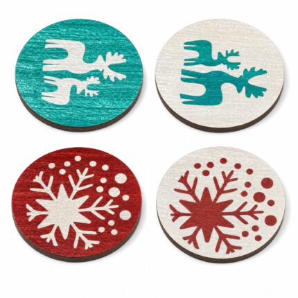 Teal Reindeer & Red Snowflake Inlay Coaster Set of 4 on a white background