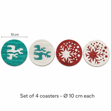 Teal Reindeer & Red Snowflake Inlay Coaster Set of 4 dimensions, Ø10 cm each