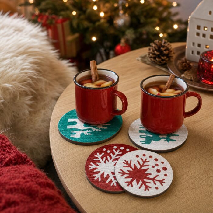 Teal Reindeer & Red Snowflake Inlay Coaster Set of 4 in use at Christmas