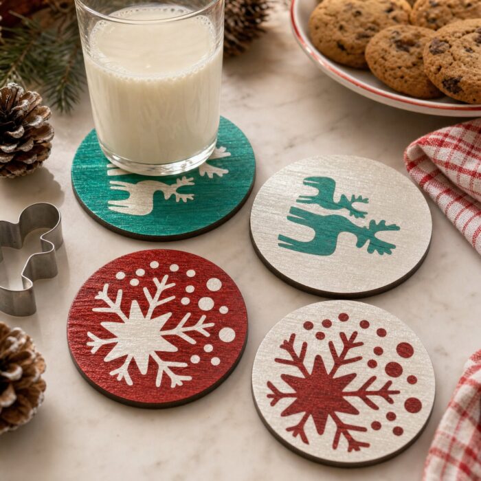Teal Reindeer & Red Snowflake Inlay Coaster Set of 4 styled on a festive table