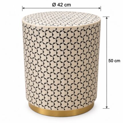 Geometric Mosaic Drum Stool, 42 cm Diameter × 50 cm Height, Ivory & Black — Dimensions: 42 cm diameter, 50 cm height